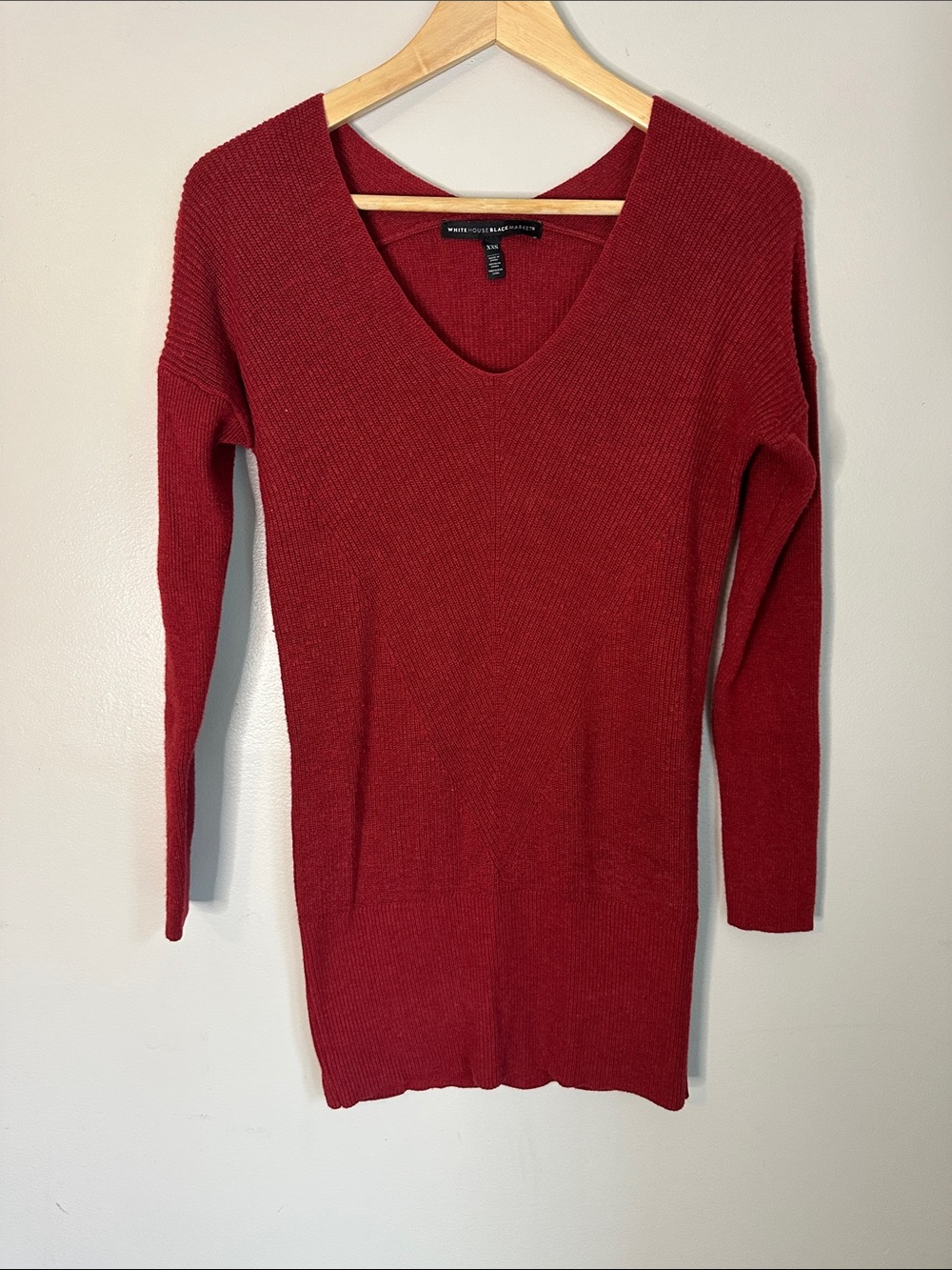 White House Black Market Red Fitted V Neck Sweater Dress or Tunic, XXS
